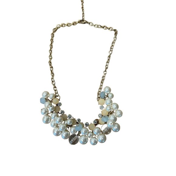 FAUX PEARL STATEMENT BUBBLE NECKLACE, GOLD TONE, IVORY Clear Blue White 23” - Picture 2 of 9